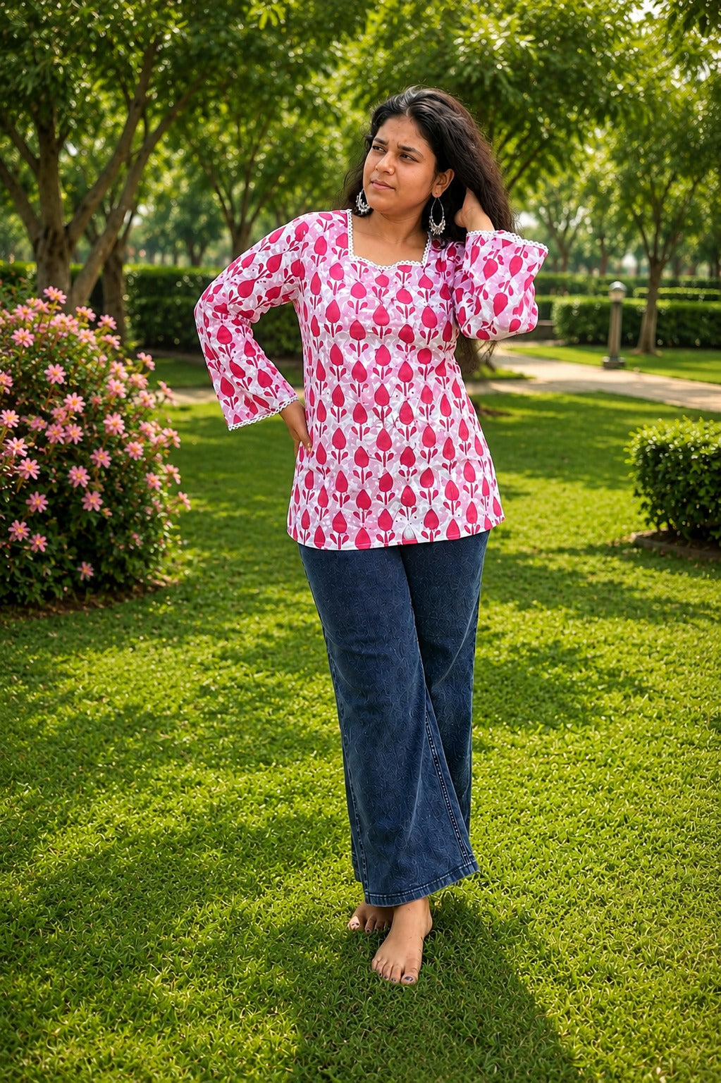 White & Pink Cotton Floral Short Kurti