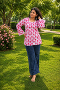 White & Pink Cotton Floral Short Kurti