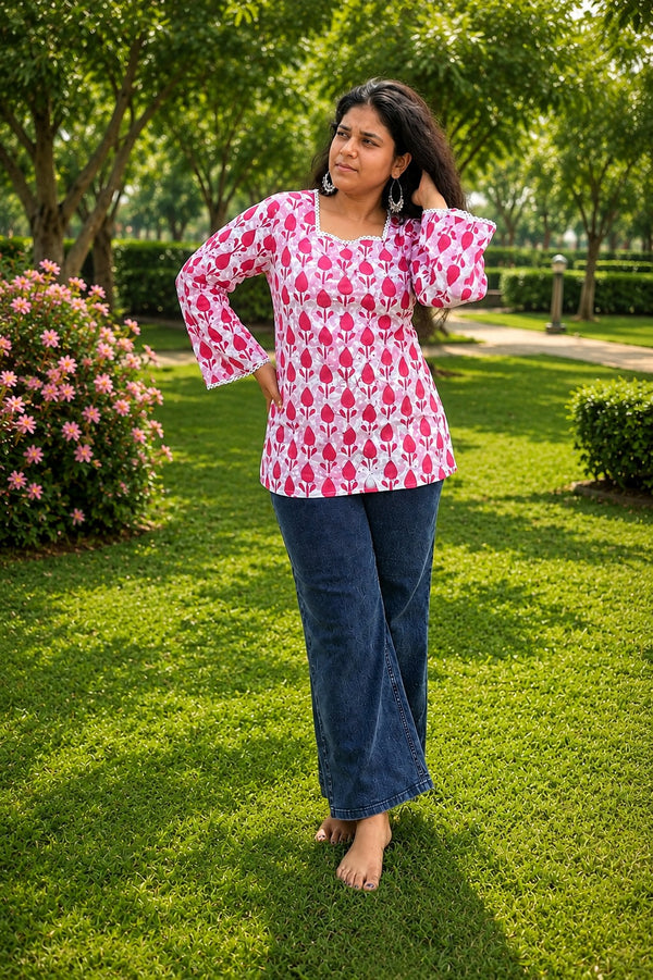 White & Pink Cotton Floral Short Kurti