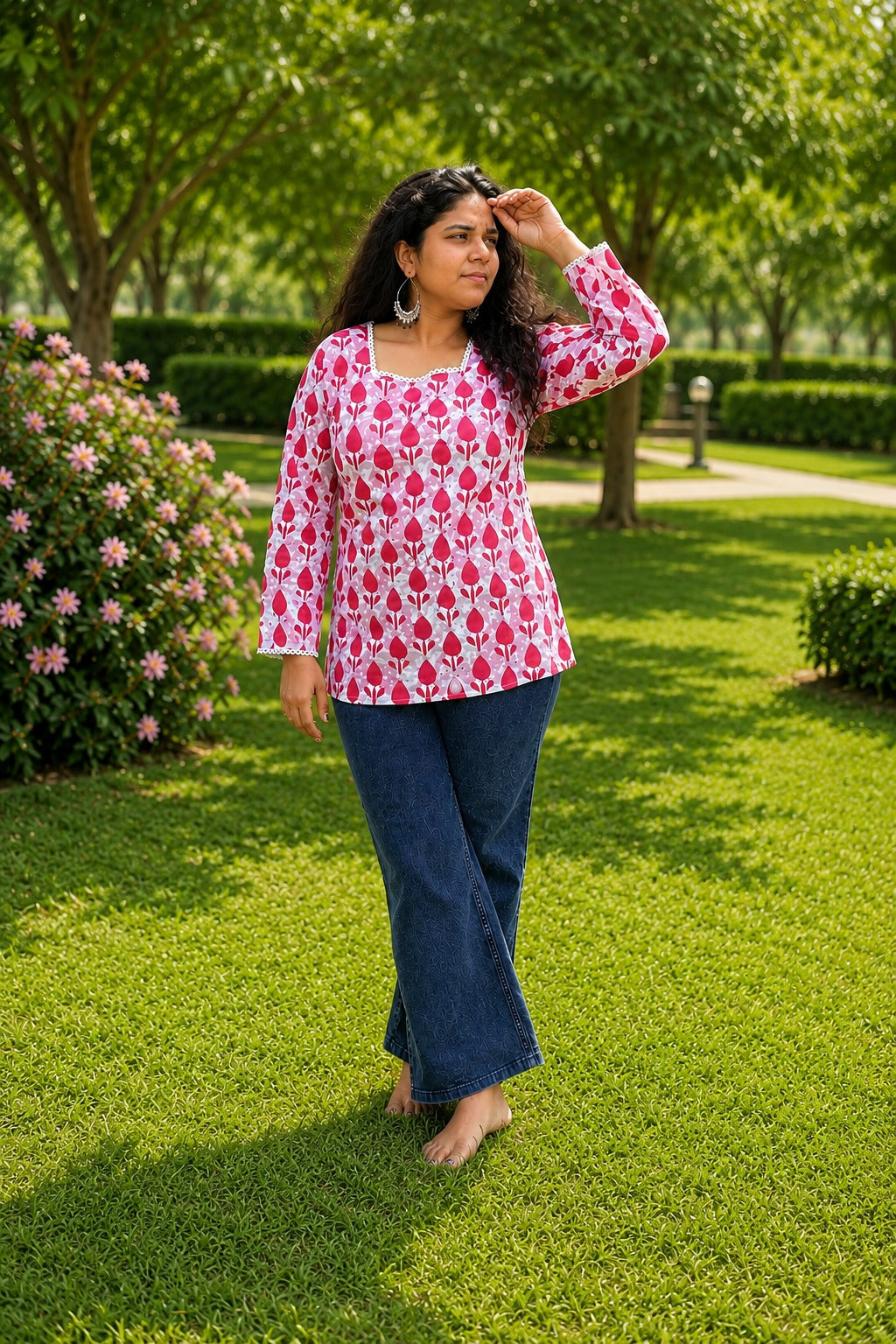 White & Pink Cotton Floral Short Kurti