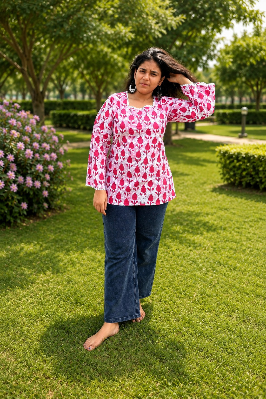 White & Pink Cotton Floral Short Kurti