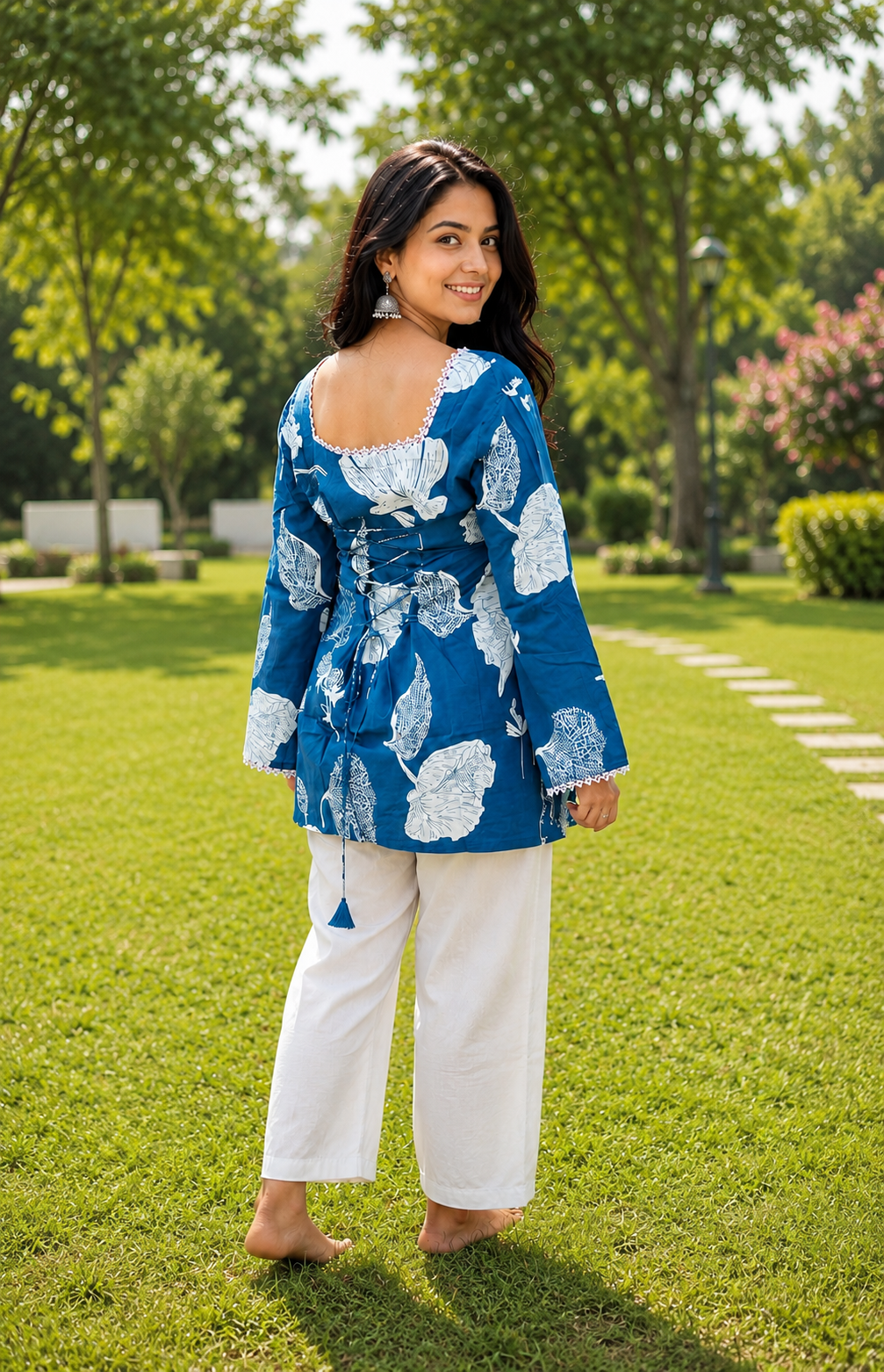 Teal Blue Cotton Floral Short Kurti