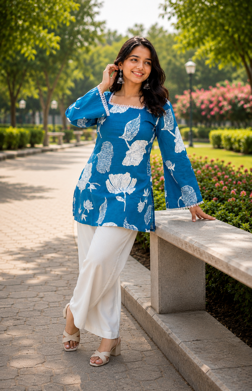Teal Blue Cotton Floral Short Kurti