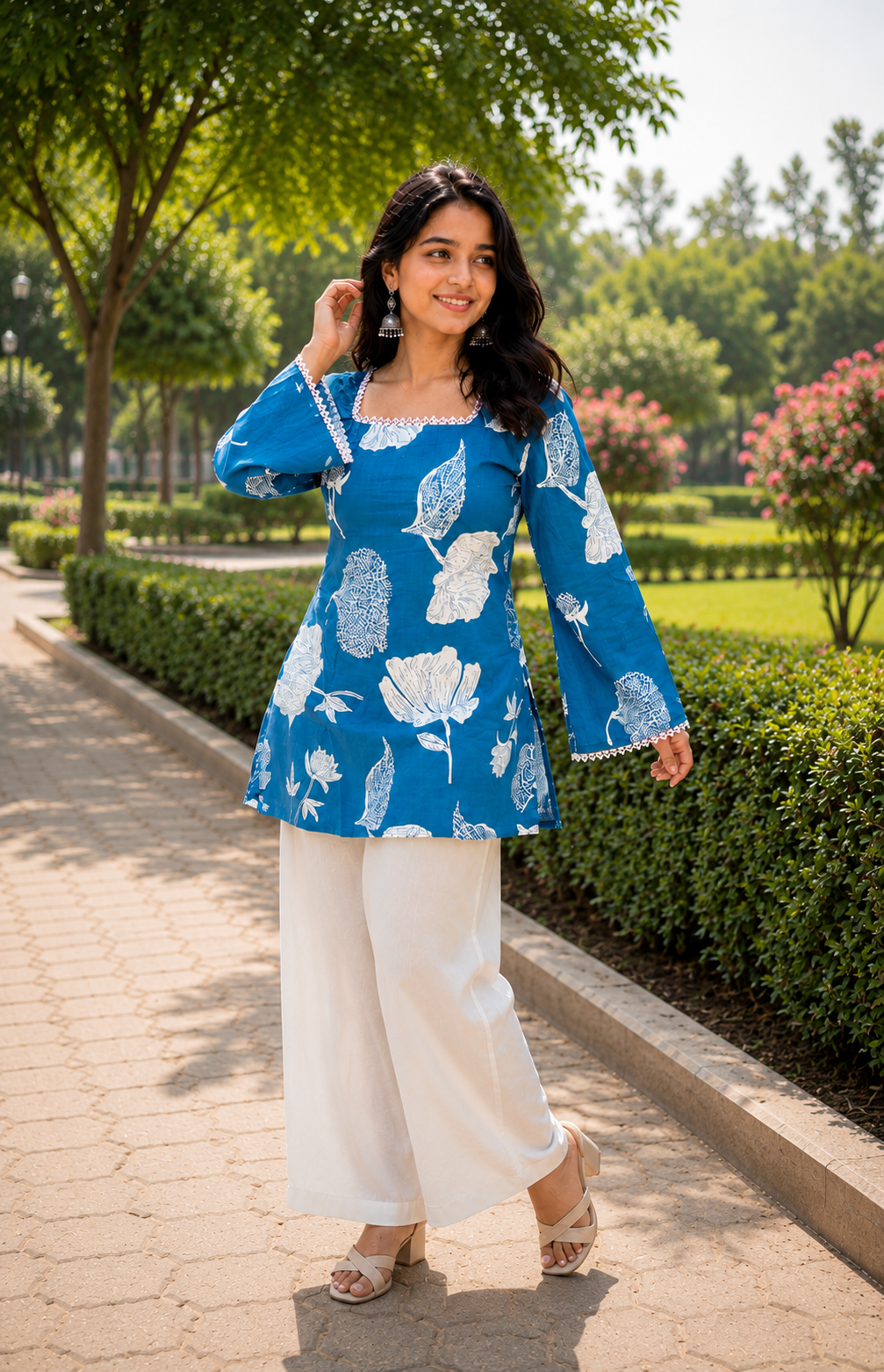 Teal Blue Cotton Floral Short Kurti