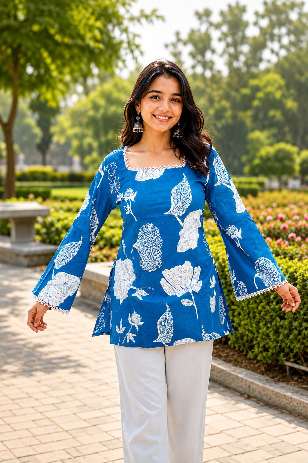 Teal Blue Cotton Floral Short Kurti