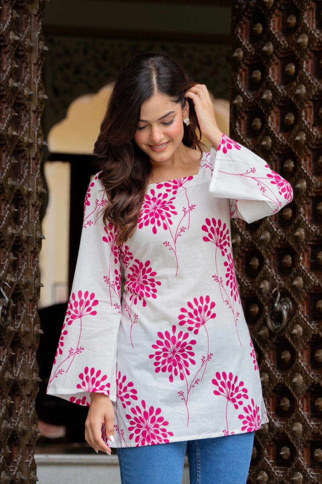 White & Pink Floral Short Kurti