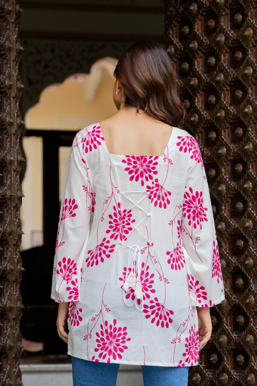 White & Pink Floral Short Kurti