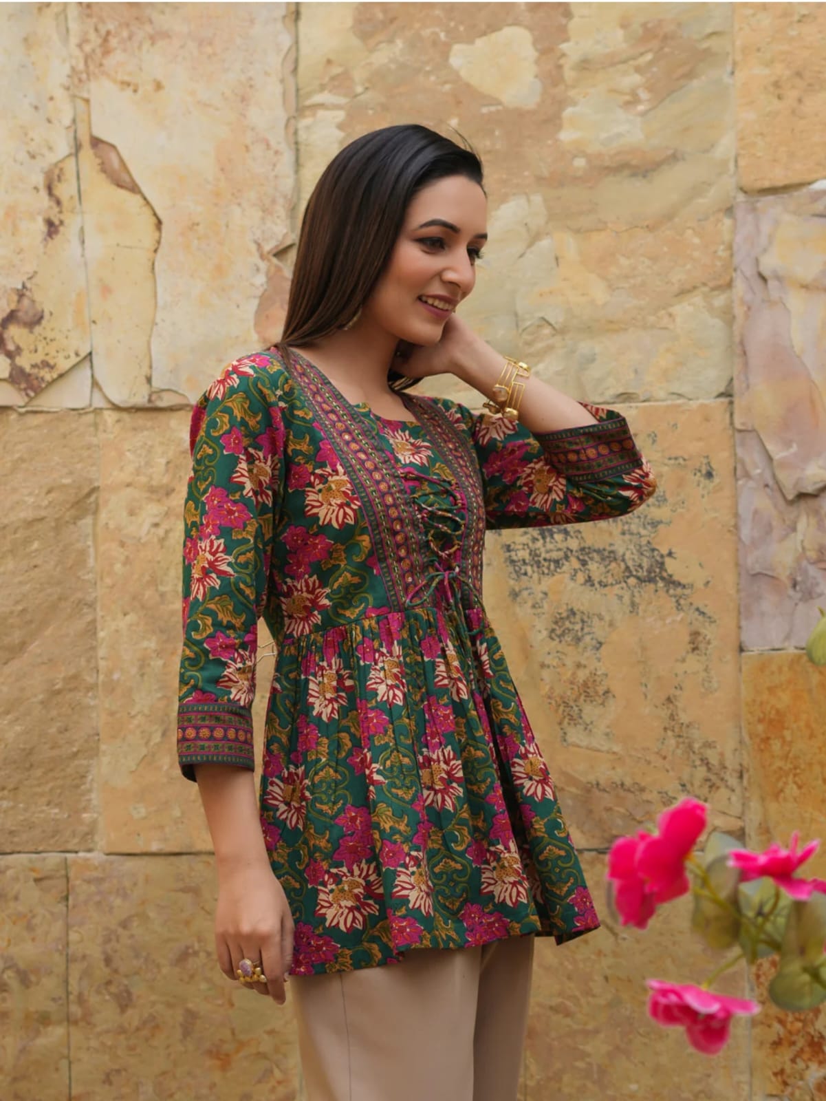Green Cotton Floral Short Kurti for Jeans