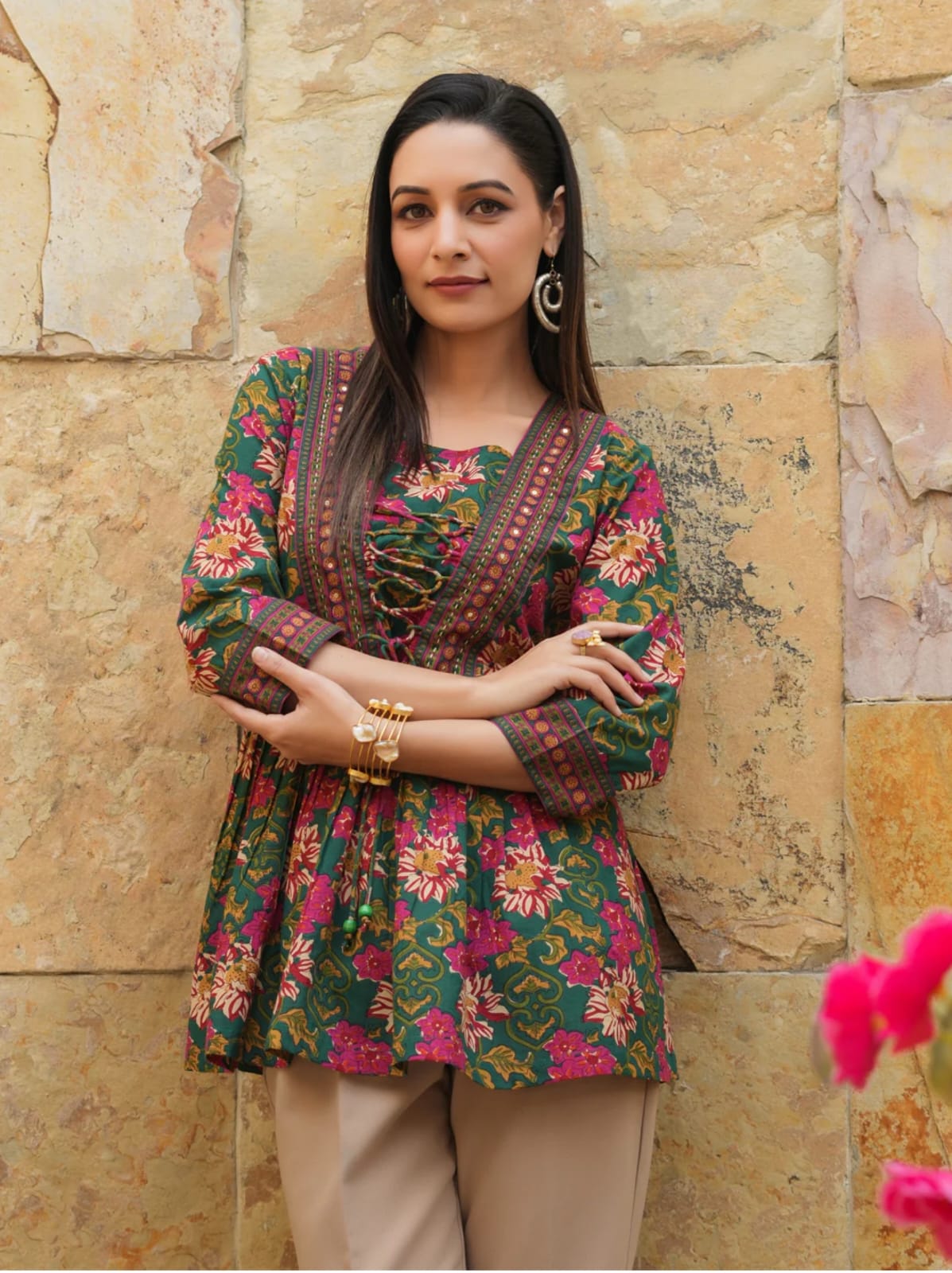 Green Cotton Floral Short Kurti for Jeans