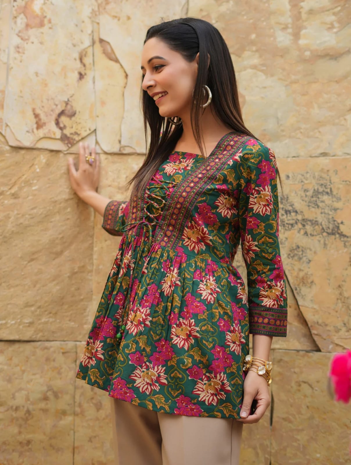 Green Cotton Floral Short Kurti for Jeans