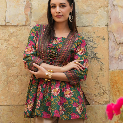 Green Cotton Floral Short Kurti for Jeans