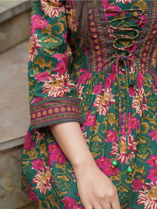 Green Cotton Floral Short Kurti for Jeans