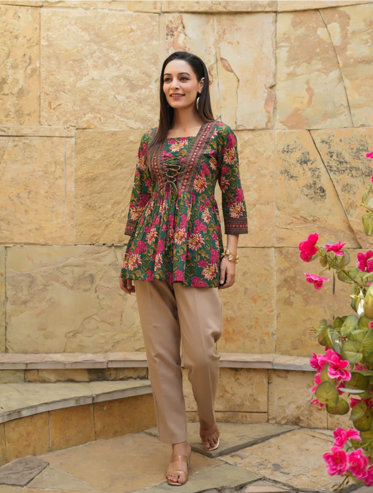 Green Cotton Floral Short Kurti for Jeans