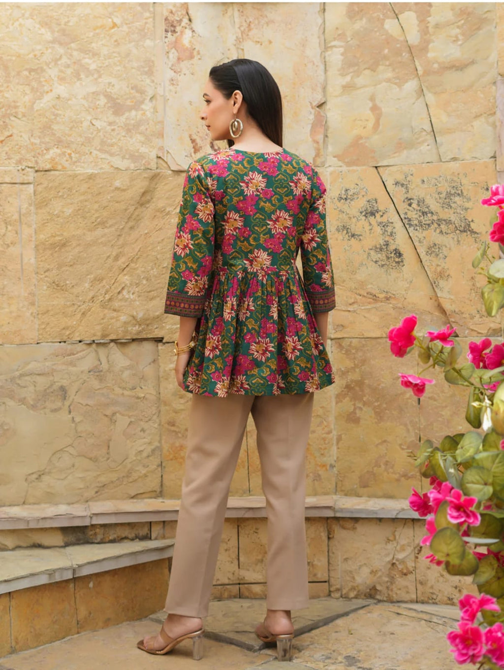 Green Cotton Floral Short Kurti for Jeans