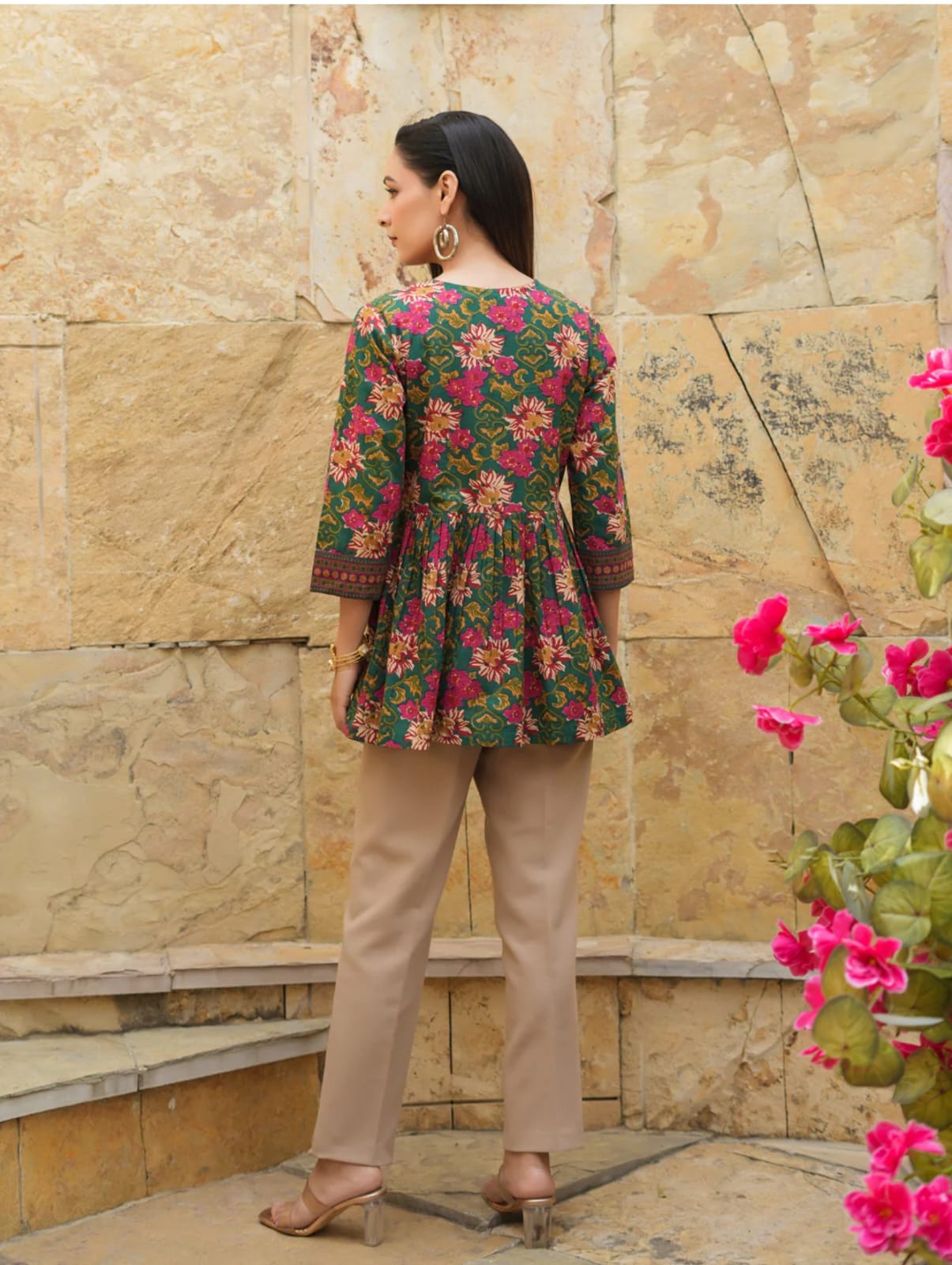 Green Cotton Floral Short Kurti for Jeans